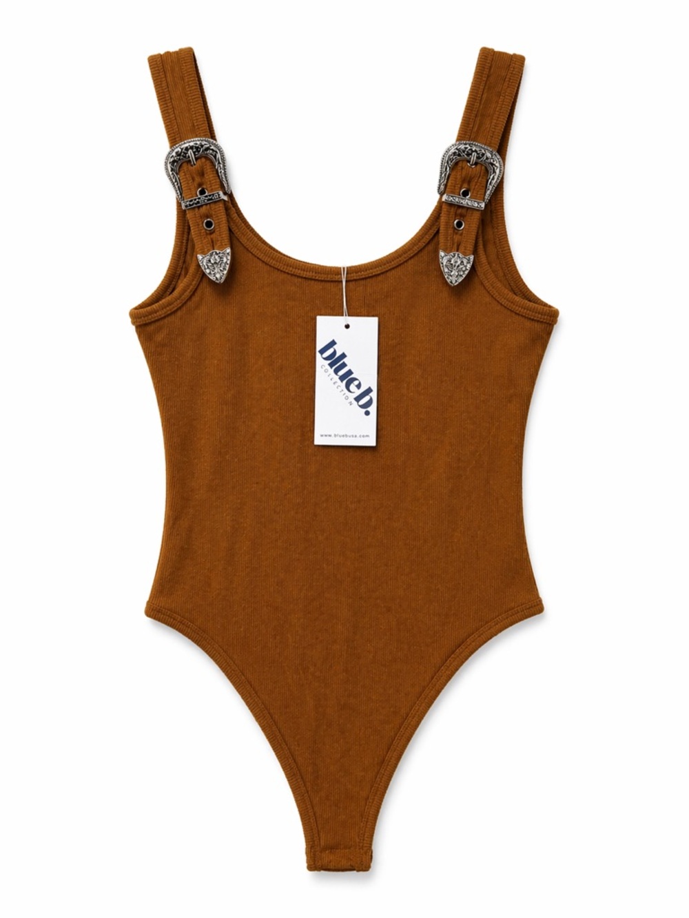 Women's Buckle-Strap Ribbed Bodysuit - Rust